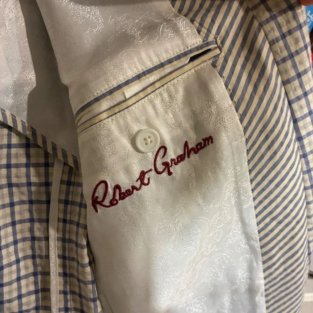 Robert Graham Mens Blue Cream Check Cotton Sport Coat Blazer 40 Paisley Lining